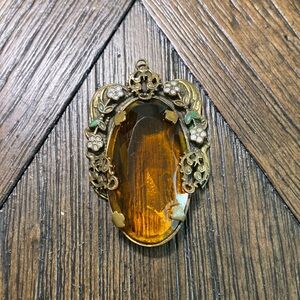 Vintage 1930s Czechoslovak Czech Amber Glass Pendant with Enamel Flowers